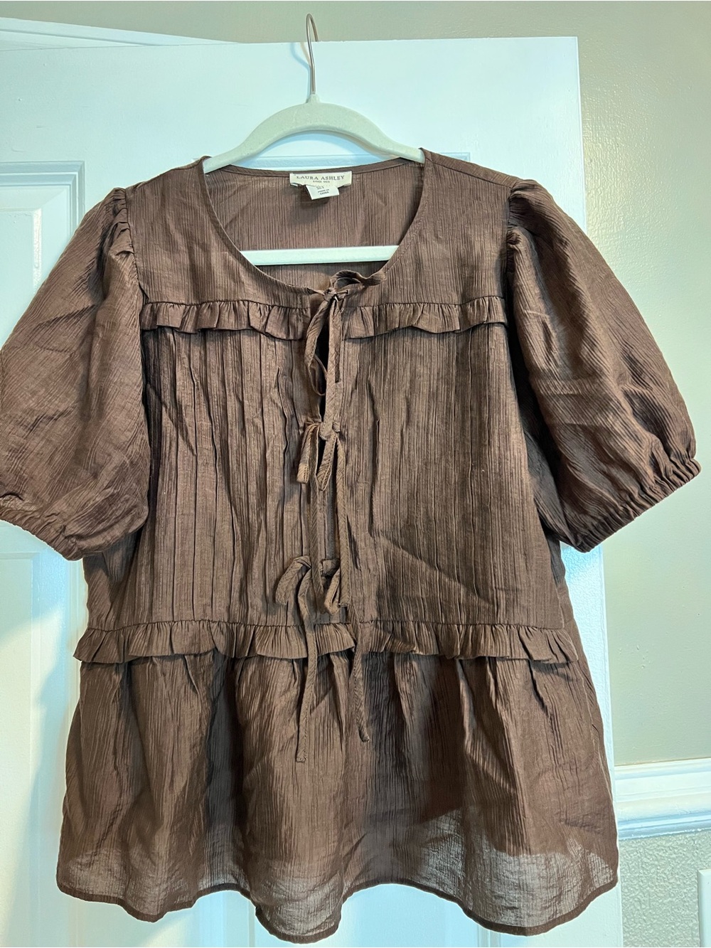 Laura Ashley Chocolate Brown Tie-Front Puff Sleeve Blouse